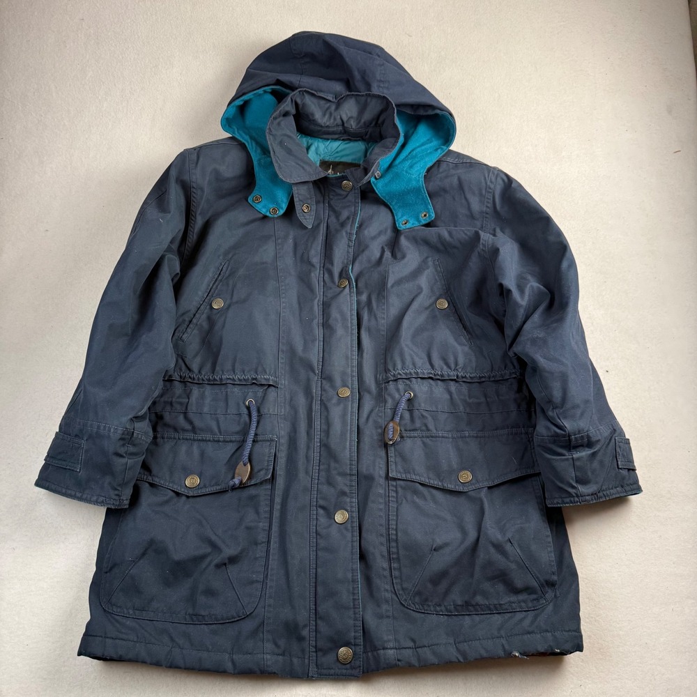 London Fog Vintage Navy Hooded Parka Plaid Flannel‎ Lined Thinsulate Size Medium
